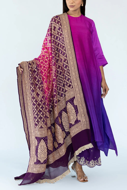 Brinjal Burgandy Ombre Kurta With Dupatta
