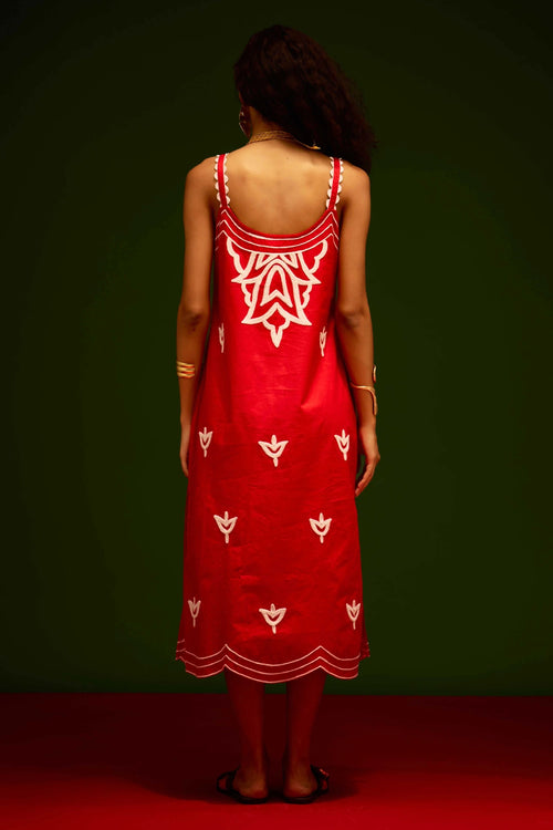 Scarlet Strappy Cotton Dress with Thread Embroidery