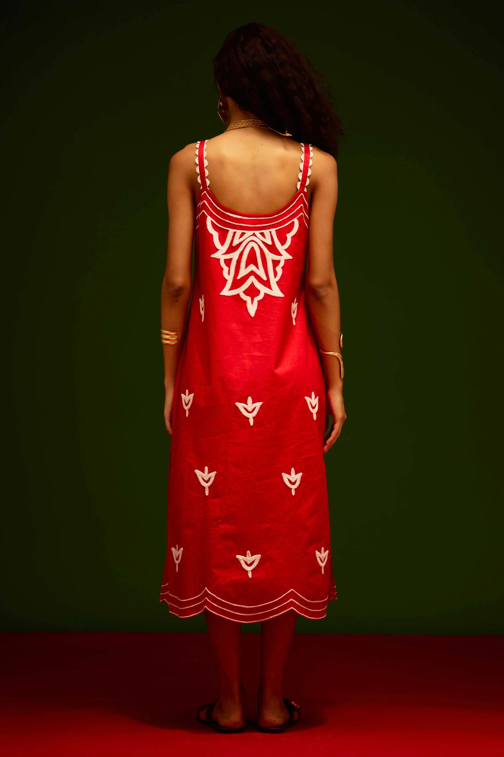 Scarlet Strappy Cotton Dress with Thread Embroidery