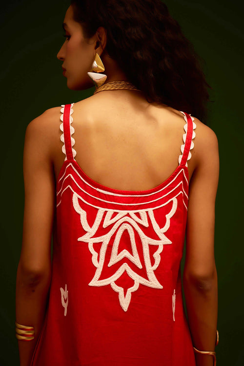 Scarlet Strappy Cotton Dress with Thread Embroidery