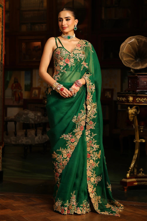Ahista Green Mayur Applique Cutwork Saree Set