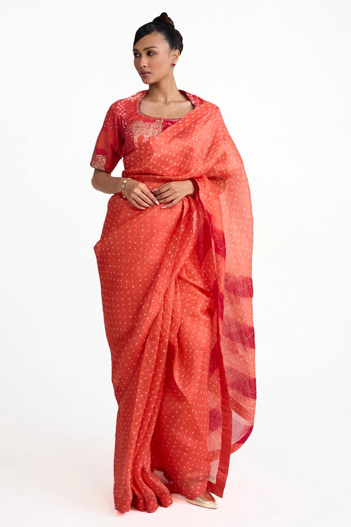Rust Organza Bandhani Saree with Boro Blouse