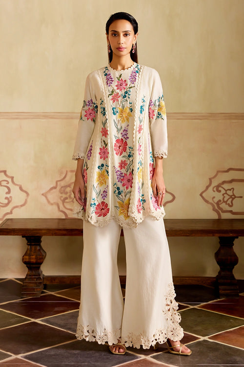 Ivory Mosaic Vines Short Kurta with Bell Bottoms