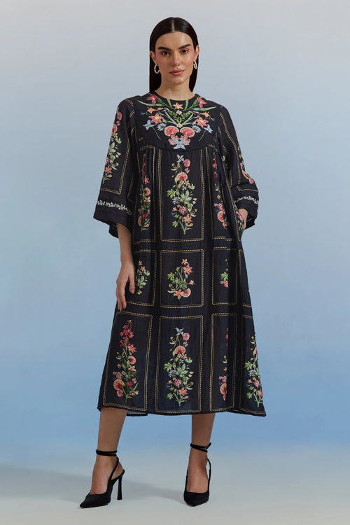 Black Bouquet Pleated Dress