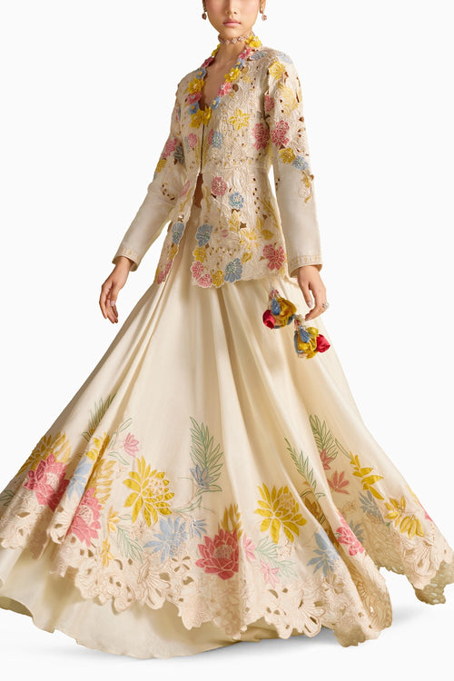 Ivory Pastel Embroiered Peplum Jacket And Skirt