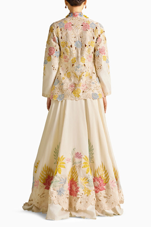 Ivory Pastel Embroiered Peplum Jacket And Skirt