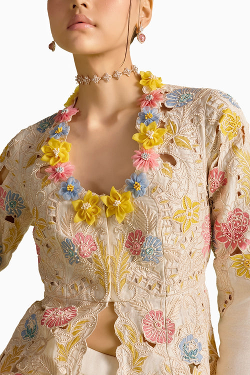 Ivory Pastel Embroiered Peplum Jacket And Skirt