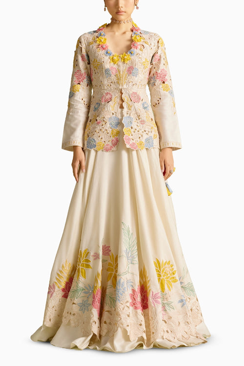 Ivory Pastel Embroiered Peplum Jacket And Skirt