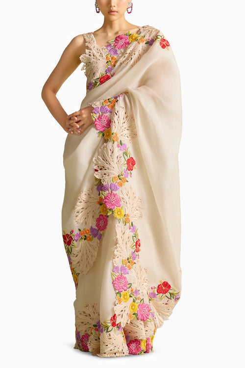 Ivory Multicolor Floral Embroidered Saree