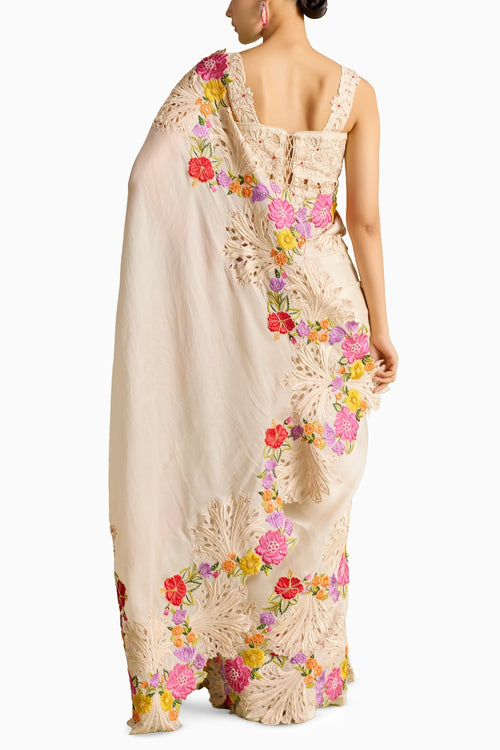 Ivory Multicolor Floral Embroidered Saree