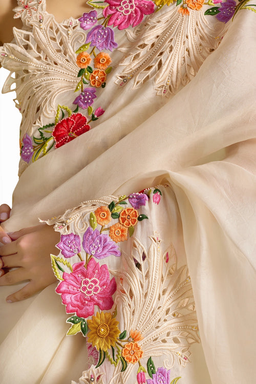 Ivory Multicolor Floral Embroidered Saree