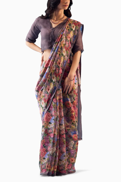 Whimsical Garden Slate Saree