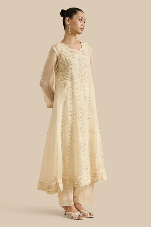 Organza Silk Kalidar Set Crafted With Chikankari Threadwork And Kutdana Embroidery
