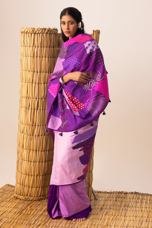 Purple Multi Bandhani Patchwork Saree