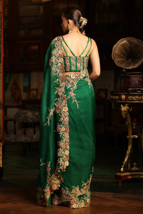 Ahista Green Mayur Applique Cutwork Saree Set