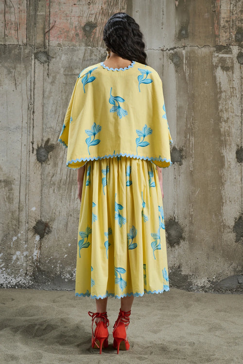 Sunlit Bloom Batwing Shirt With Midi Skirt