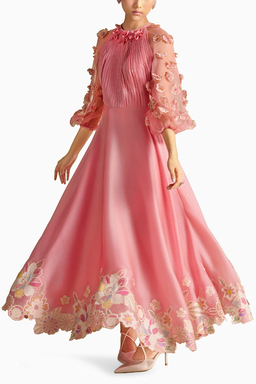 Pink Contrast Embroidered Flounce Dress