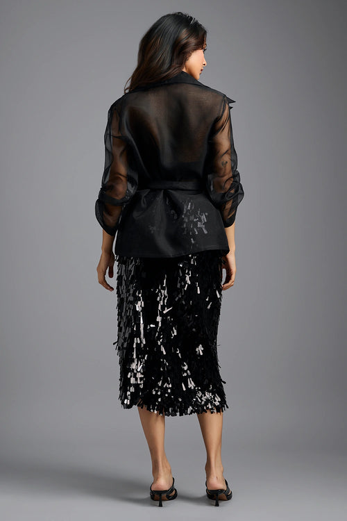 Black Organza Sleeve Sequin Wrap Top With Midi Skirt