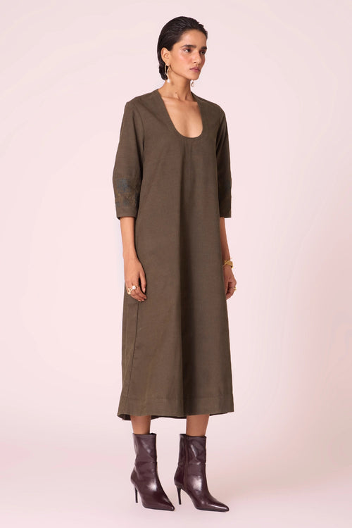Mir Olive Needlecord Embroidered Dress