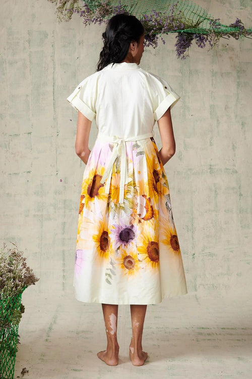 Sunflower Placement Folded Sleeve Dress With Belt