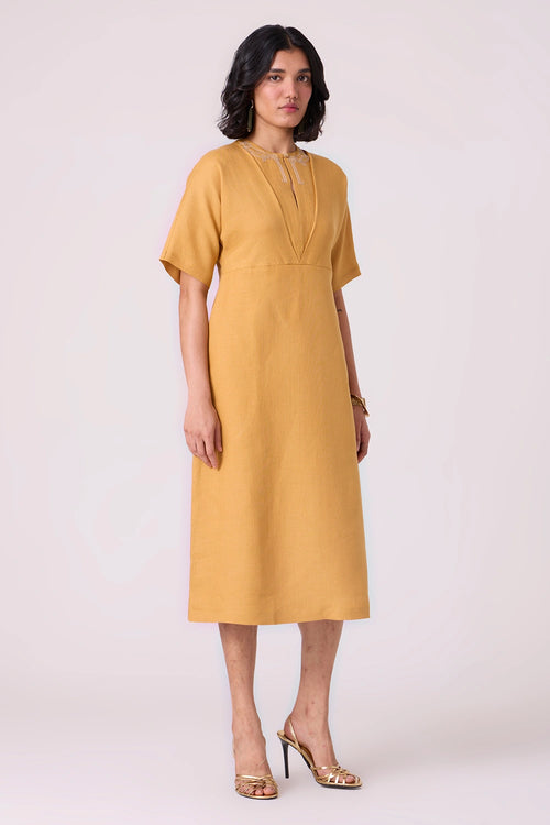 Yarina Yellow Linen Embroidered Dress