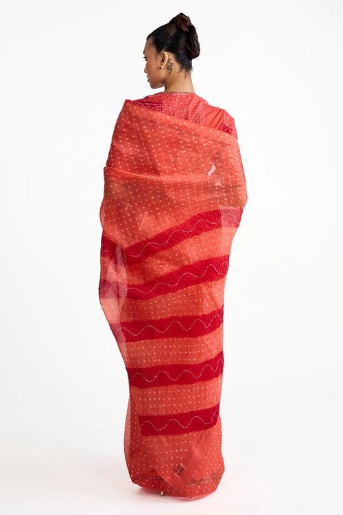 Rust Organza Bandhani Saree with Boro Blouse