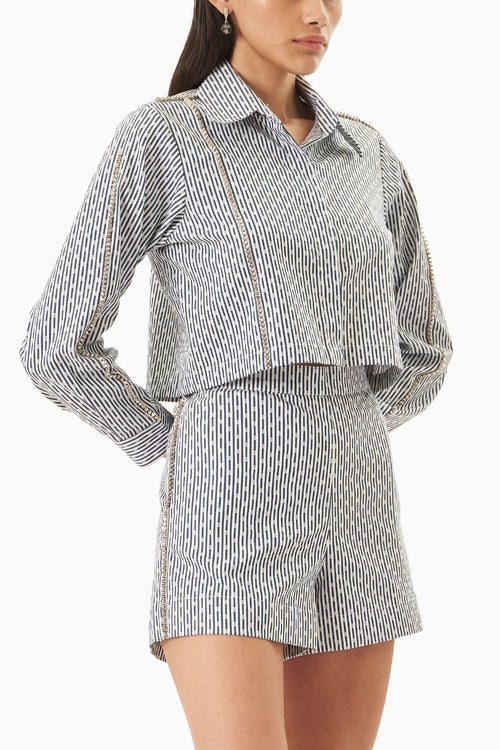 White Blue Cotton  Stripes Crop Shirt