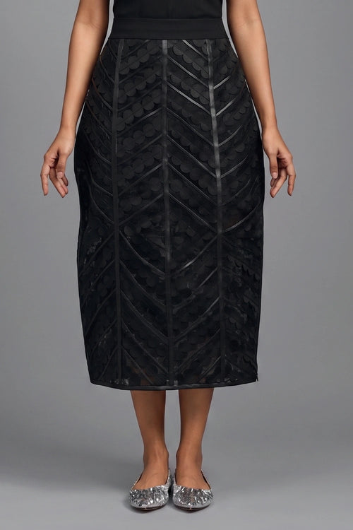 Sheer Black Midi Skirt with Geometric Paneling