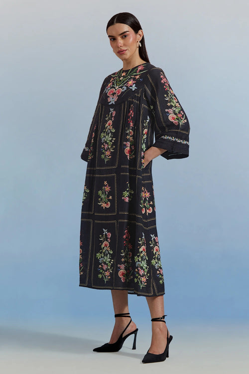 Black Bouquet Pleated Dress