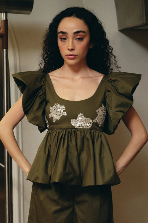 Olive Green Hand-embellished Cotton Peplum Top
