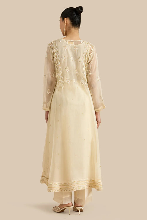 Organza Silk Kalidar Set Crafted With Chikankari Threadwork And Kutdana Embroidery
