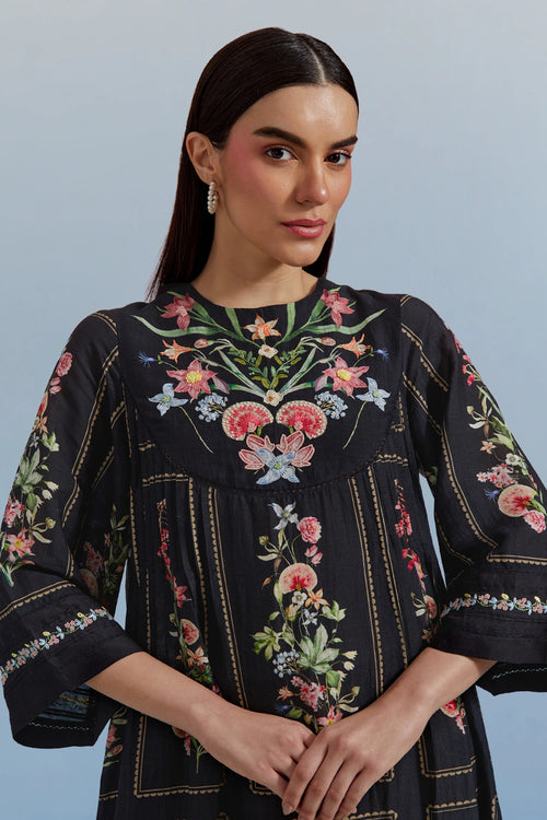 Black Bouquet Pleated Dress