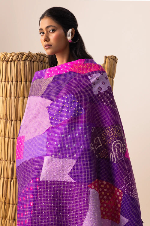 Purple Multi Bandhani Patchwork Saree