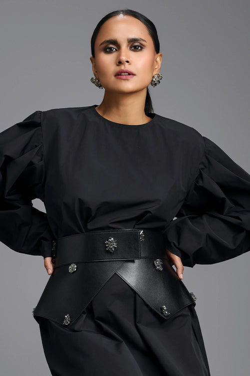 Sculptural Black Belted Dress