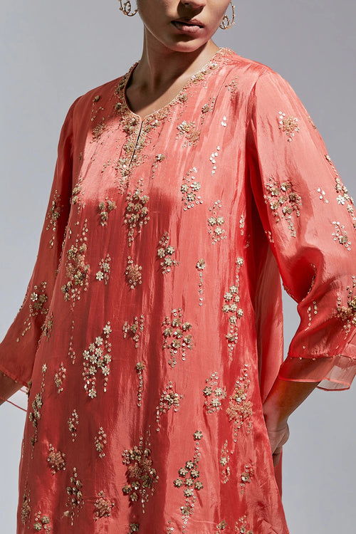 Vermilion Abstract Floral Embroidered Silk Sharara Set