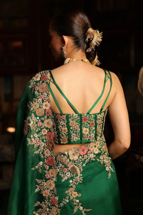 Ahista Green Mayur Applique Cutwork Saree Set