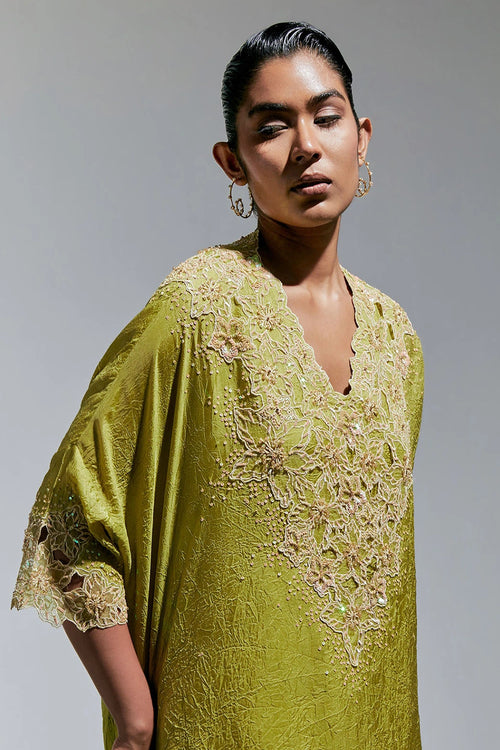 Henna Floral Threadwork Silk Kaftan Set