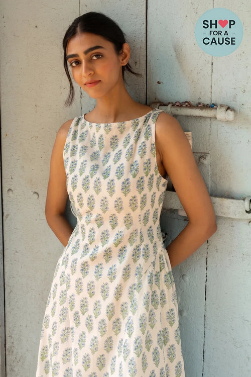 White Blue Jawai Dress