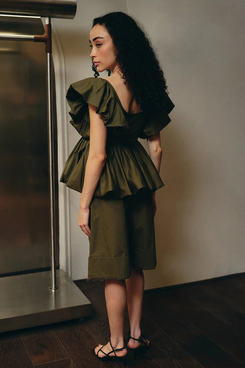 Olive Green Cotton Peplum Top And Shorts Set