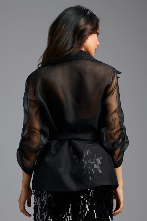 Black Organza Sleeve Sequin Wrap Top