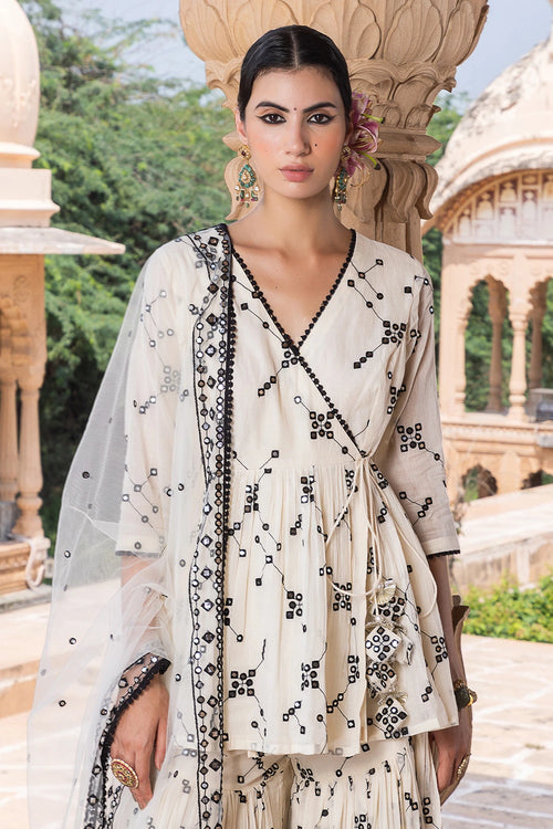 Black and White BK all-over Embroidered Sharara with Dupatta