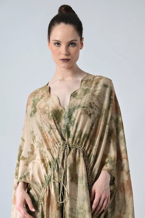 Desert Beige Drape Gathered Printed Kaftan Dress