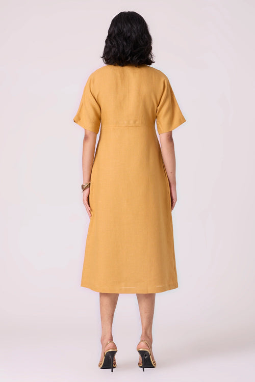 Yarina Yellow Linen Embroidered Dress
