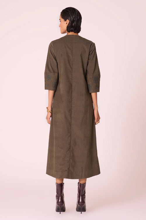 Mir Olive Needlecord Embroidered Dress