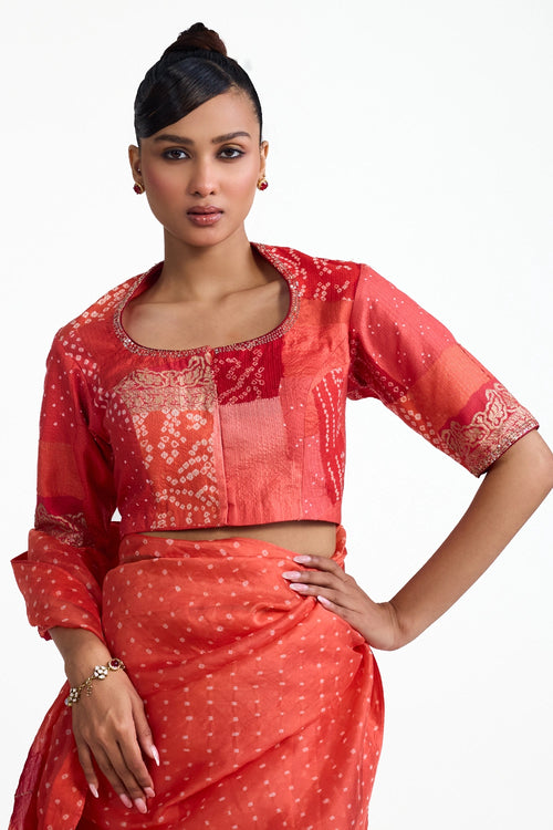 Rust Organza Bandhani Saree with Boro Blouse
