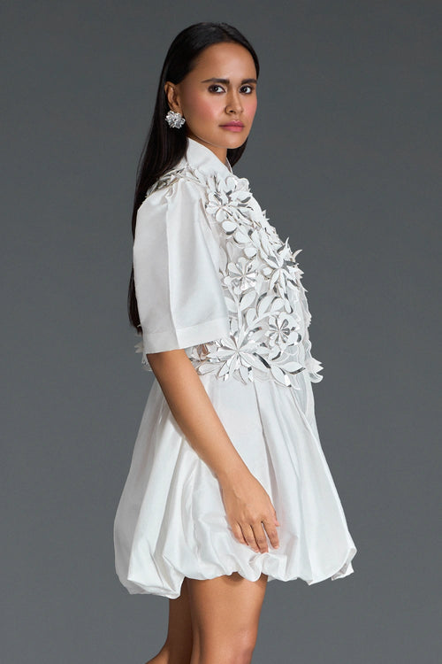 White 3D Floral Jacket and Taffeta Bubble Dress