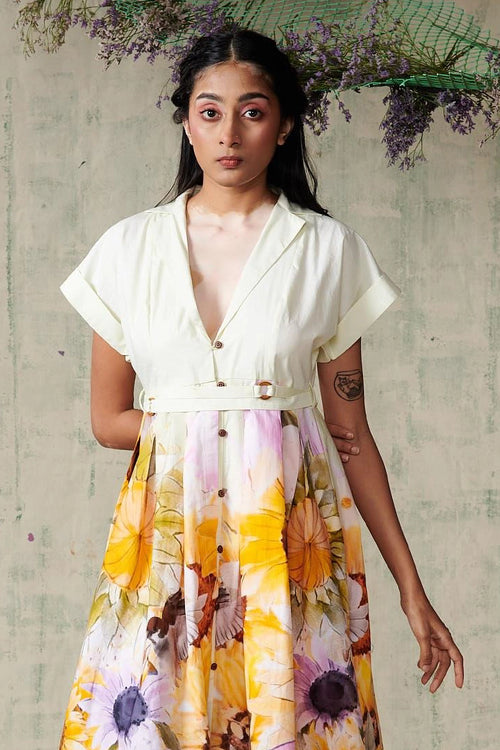 Sunflower Placement Folded Sleeve Dress With Belt