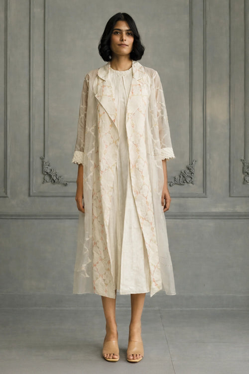 Ivory Embroidered Organza Jacket with Linen Dress