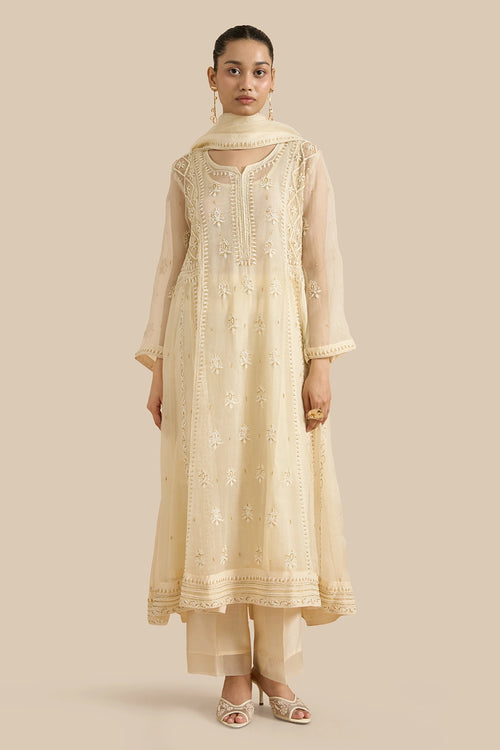 Organza Silk Kalidar Set Crafted With Chikankari Threadwork And Kutdana Embroidery