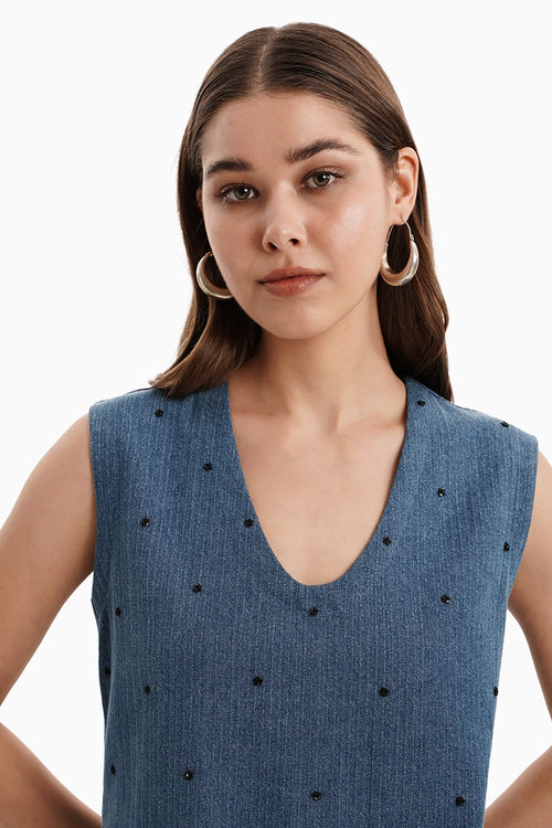 Medium Herringbone Denim Dress with Chitta Embellishment